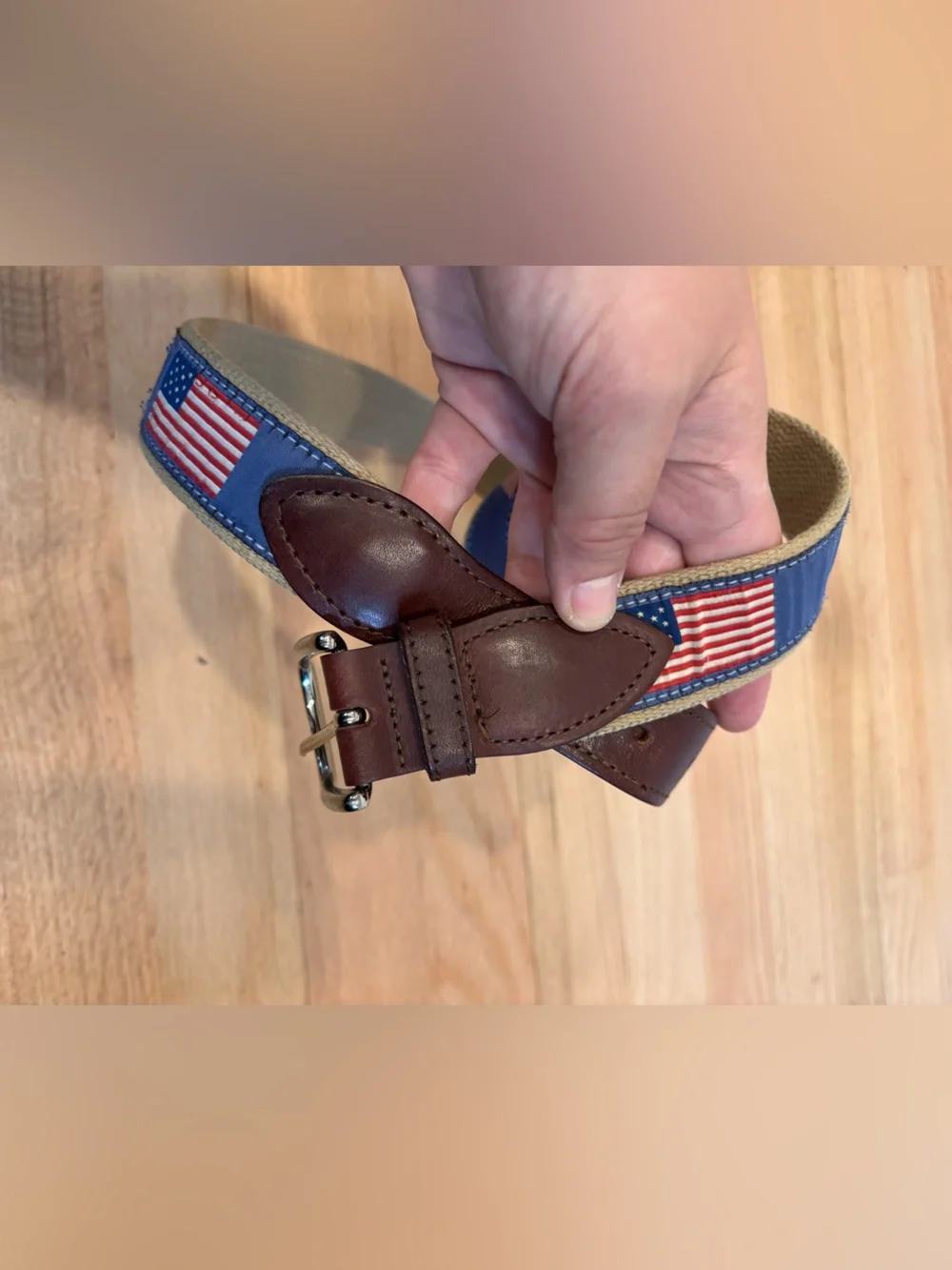 Belted Cow Company ribbon belts featuring embroidered American flags size 34/35